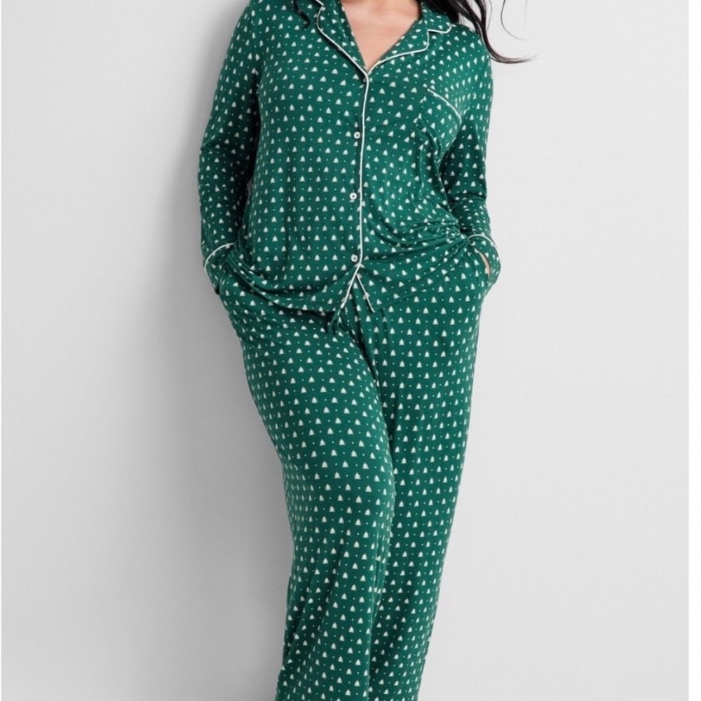 State of Day Intimates Pajama Set Green Geo Trees Notch Collar Large NEW